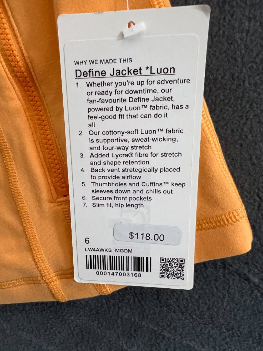 LULULEMON DEFINE JACKET *LUON IN MANGO DREAM (MGDM) SZ 6 NWT - Picture 7 of 8
